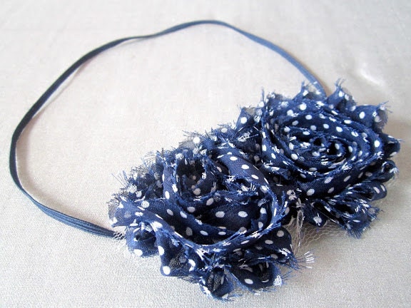 Rose Headband in Navy with White Polka Dots