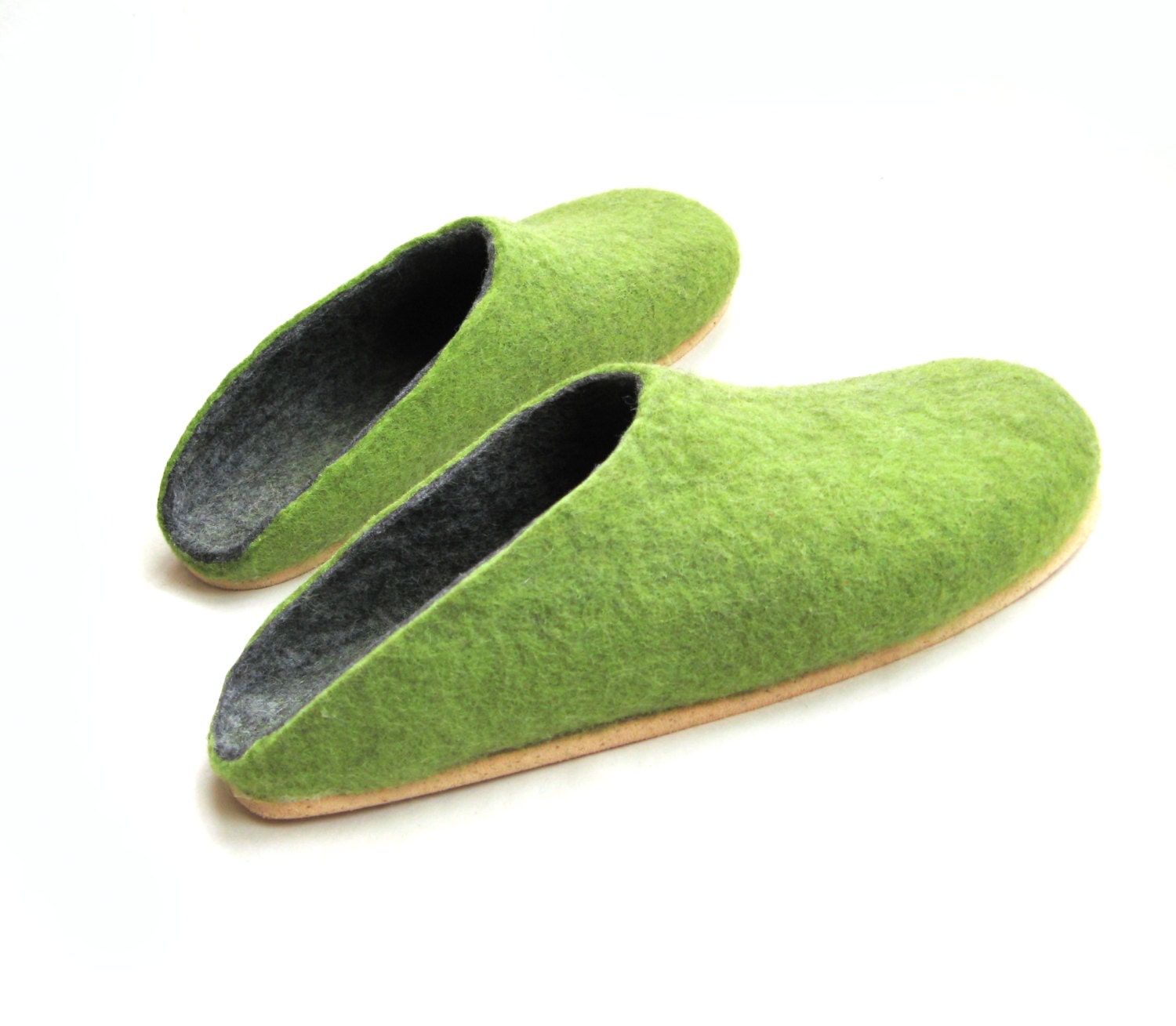 Low Back Cork Sole Felted wool Slippers Grey Green . Made to Order. Women's sizes. Custom colors