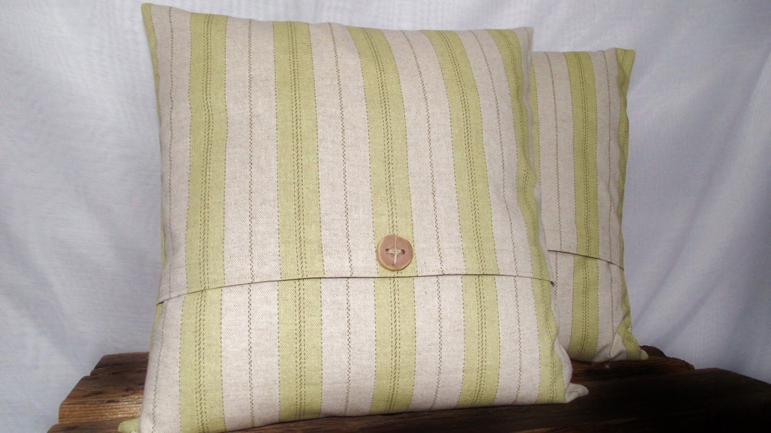 Pillow Cover 16x16 Linen Fabric Celery Green Striped Fabric, Cream, Olive Green. Wood Button.