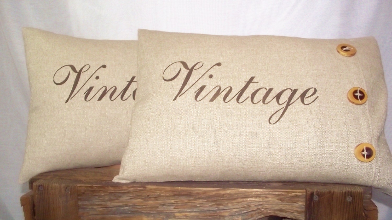 Pillow Cover 14 x 20 Flex Linen Tone, Nubby Woven Linen Fabric, Hand Stenciled VINTAGE Chocolate Brown Color, 3 Wood Button Accents