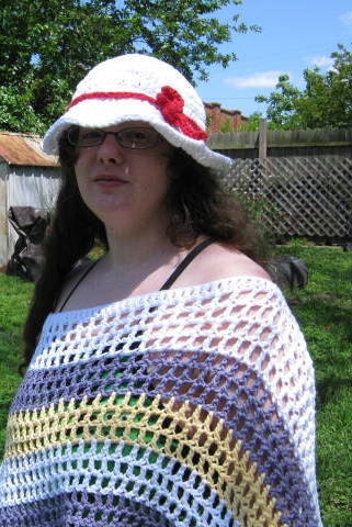 Crochet cotton White sun hat with red tie adult size