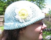 Crochet Beanie, Mint green, merino, white flower.