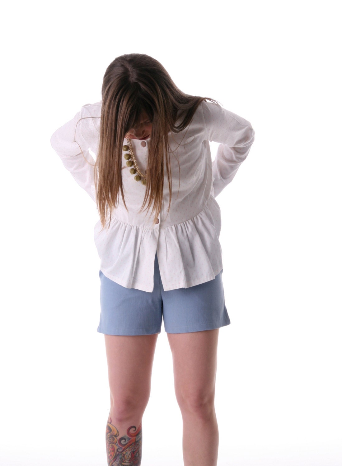 Winter sale, Peplum White with small pink hearts top, Long sleeve blouse, Women buttoned cardigan