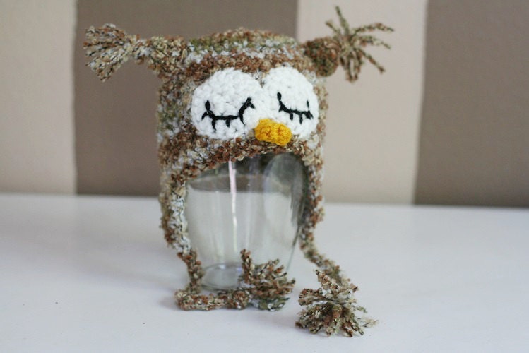 Crochet Sleepy Fuzzy Owl Hat (Newborn)