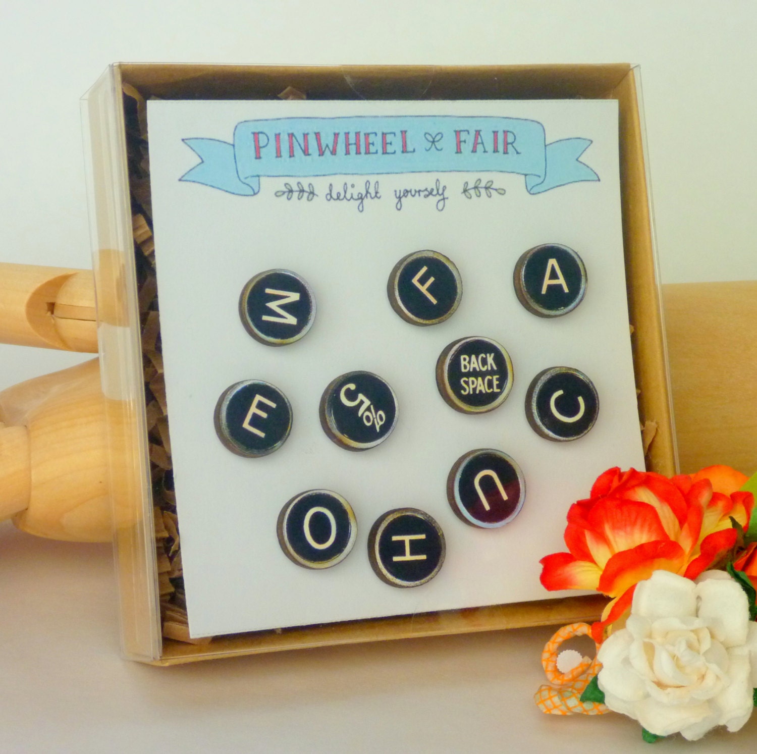 Vintage Replica Typewriter Keys Wood Magnets Push Pins Qty 10 Old School Retro Industrial Office College