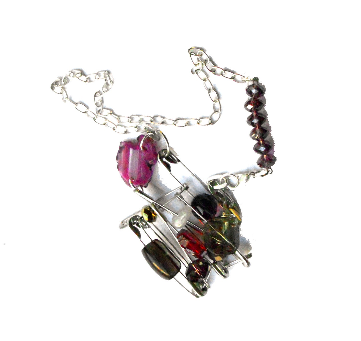 Safety pins necklace Bib silver purple pink and red with agate for her - one of a kind - OOAK