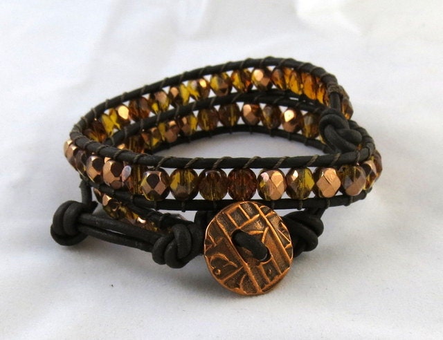 Double Leather Wrap Bracelet with Copper Crystal