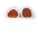 English Sea Glass Beer Brown Post Earrings in Sterling Silver