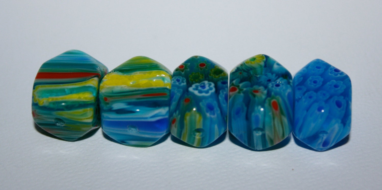 5 - Melifiori Glass Beads Rectangle Cube Blue Red Yellow 16x14mm Loose Beads Jewelry Beading Supplies Flower Floral Design Stripes