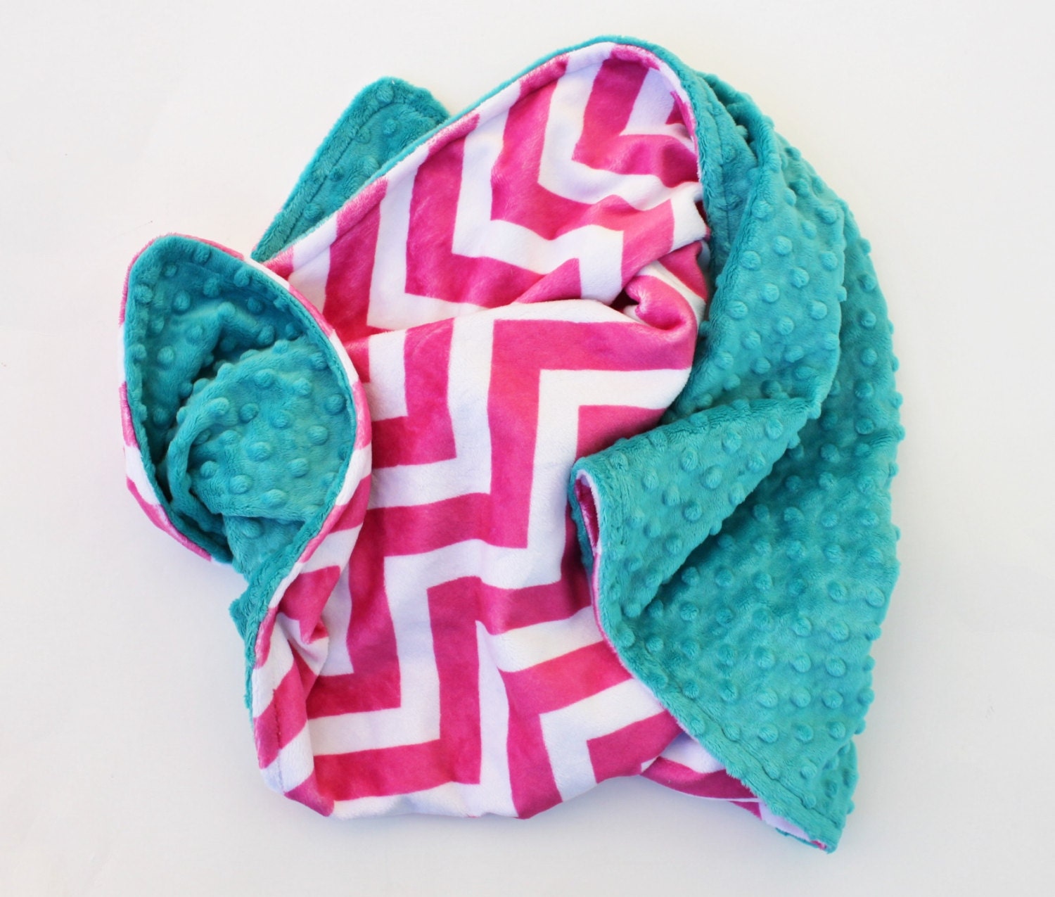 PINK CHEVRON MINKY Personalized Baby Stroller Blanket with Teal Dot MInky