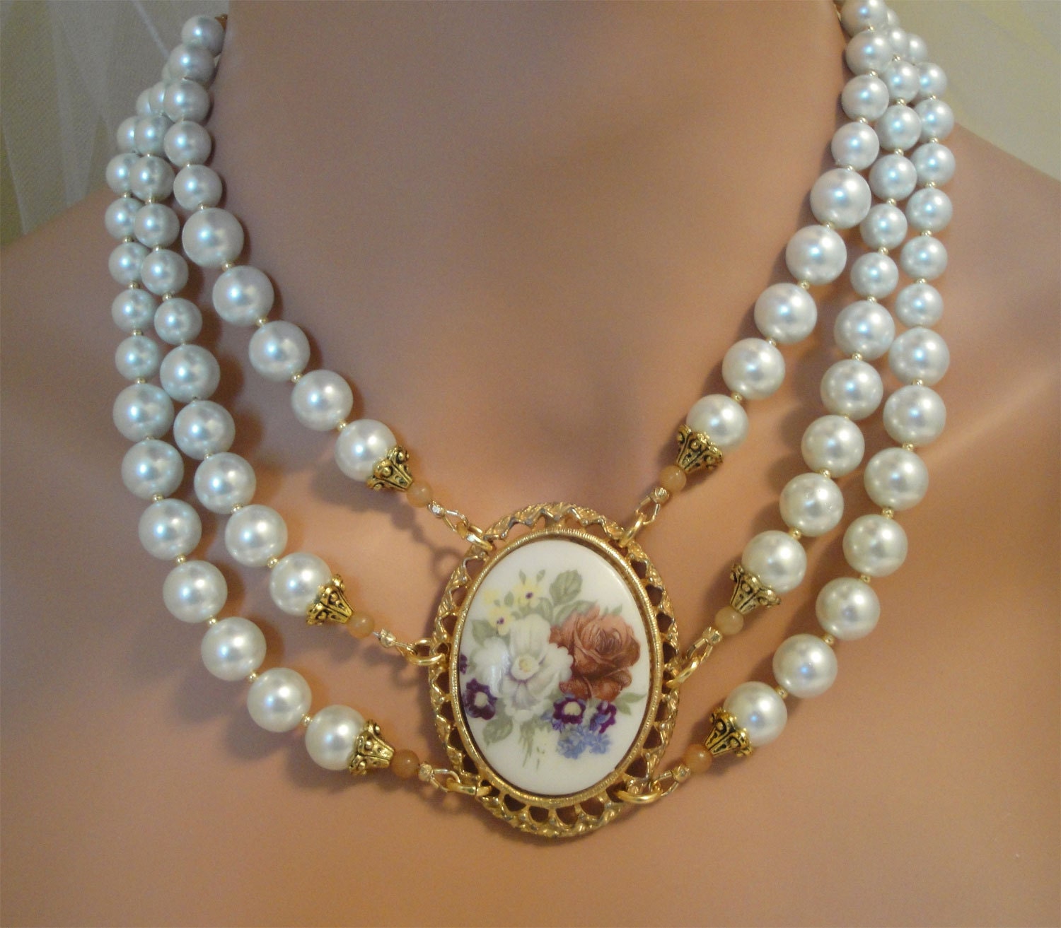 Vintage Pearl Necklace Set with Cameo and matching Earrings 3 multi strands of glass pearls bridal wedding mother of the bride