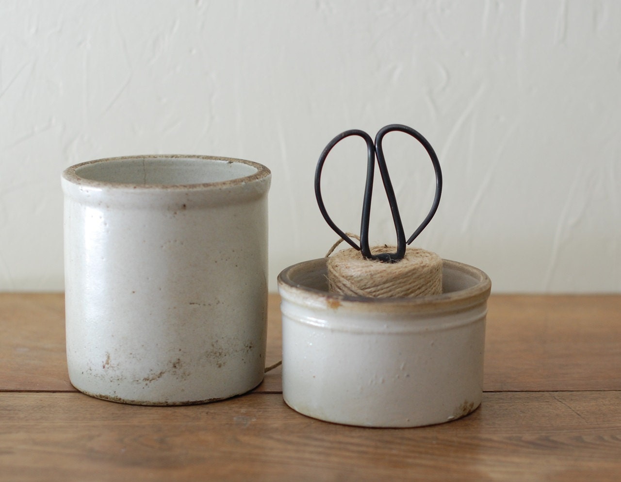 Pair of Antique Stoneware Crocks - Small Utenstil Crock and Short Butter Crock