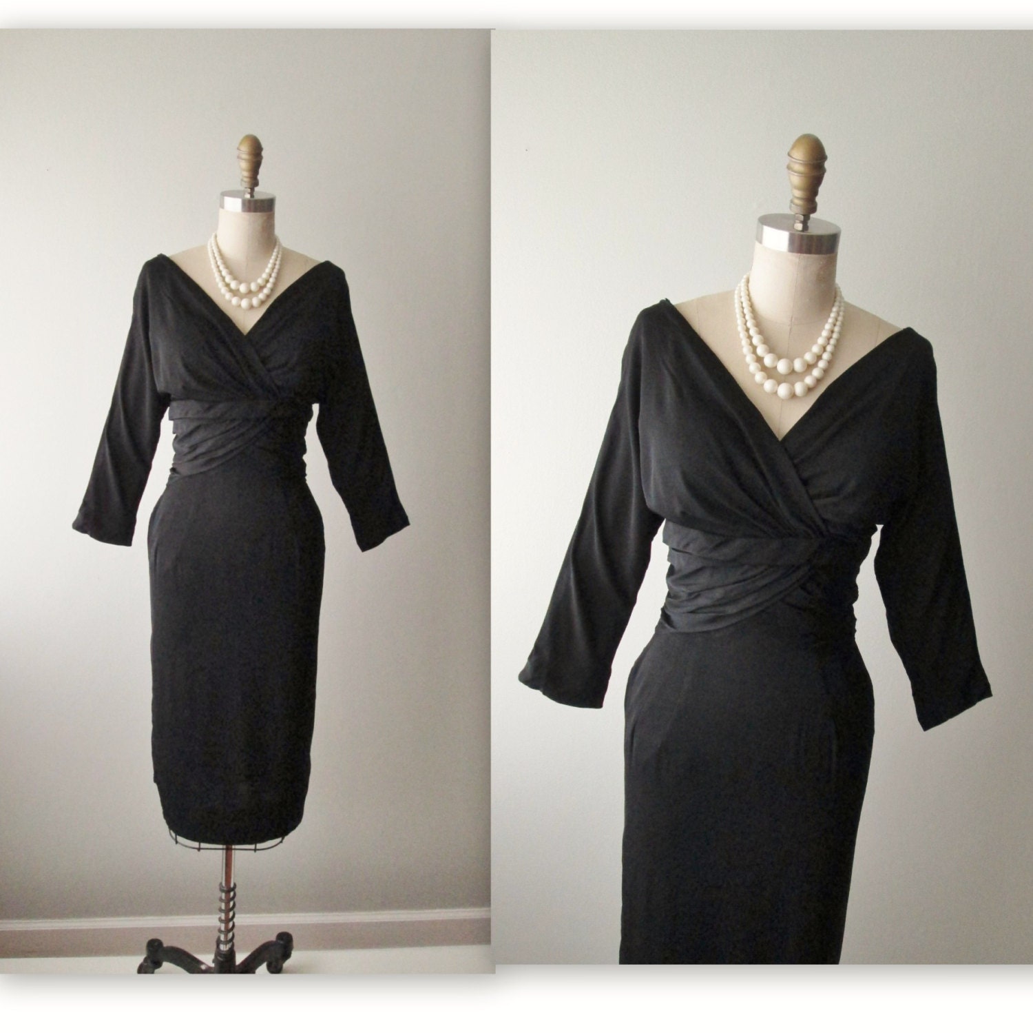 50s Draped Cocktail Dress  // Vintage 1950's Black Draped Fitted Cocktail Party Dress S M