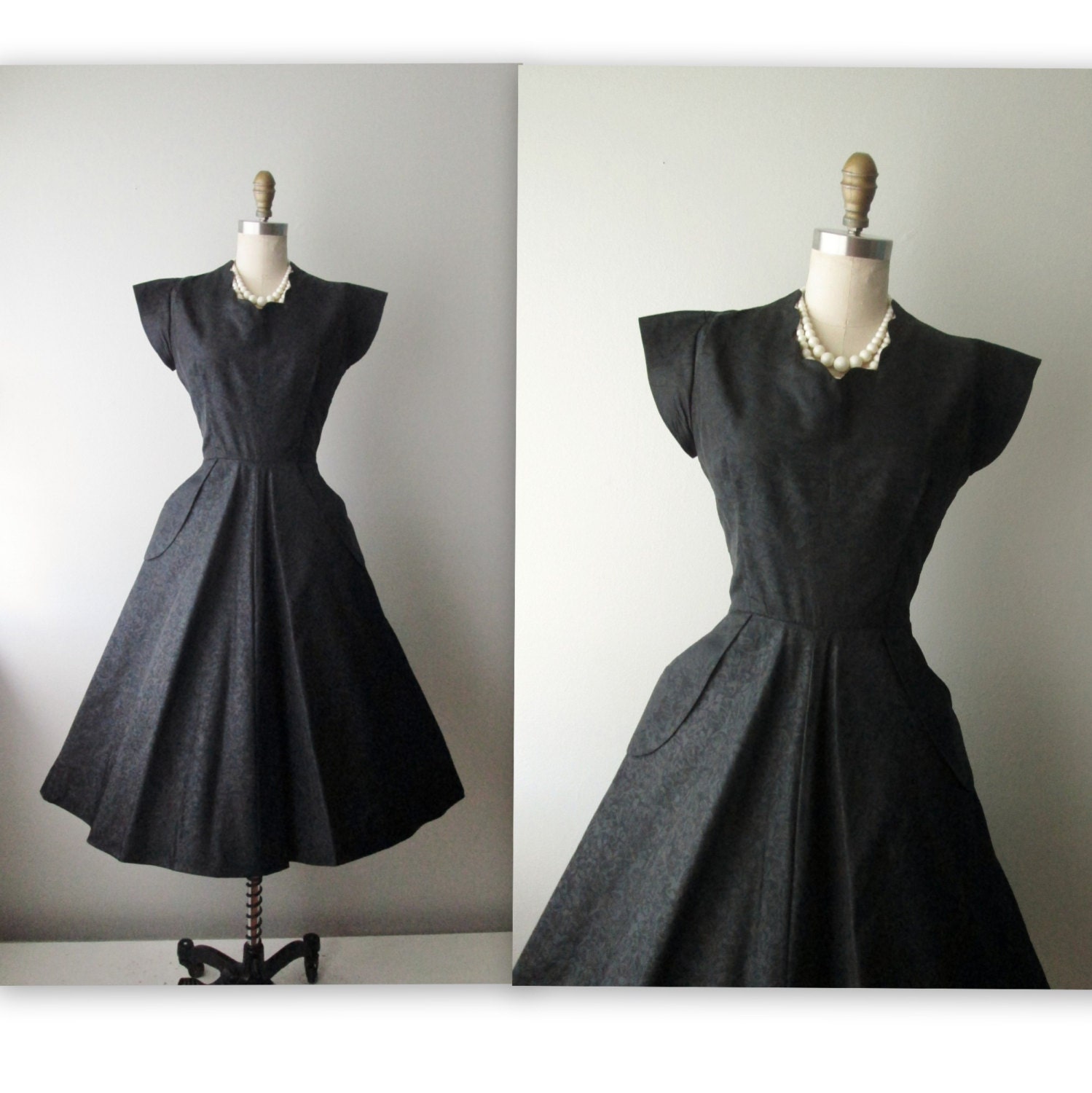 50's Cocktail Dress // Vintage 1950's Black Taffeta Full Cocktail Party Dress S