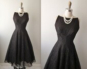 50s Cocktail Dress // Vintage 1950's Black Lace Full Cocktail Party Dress XS