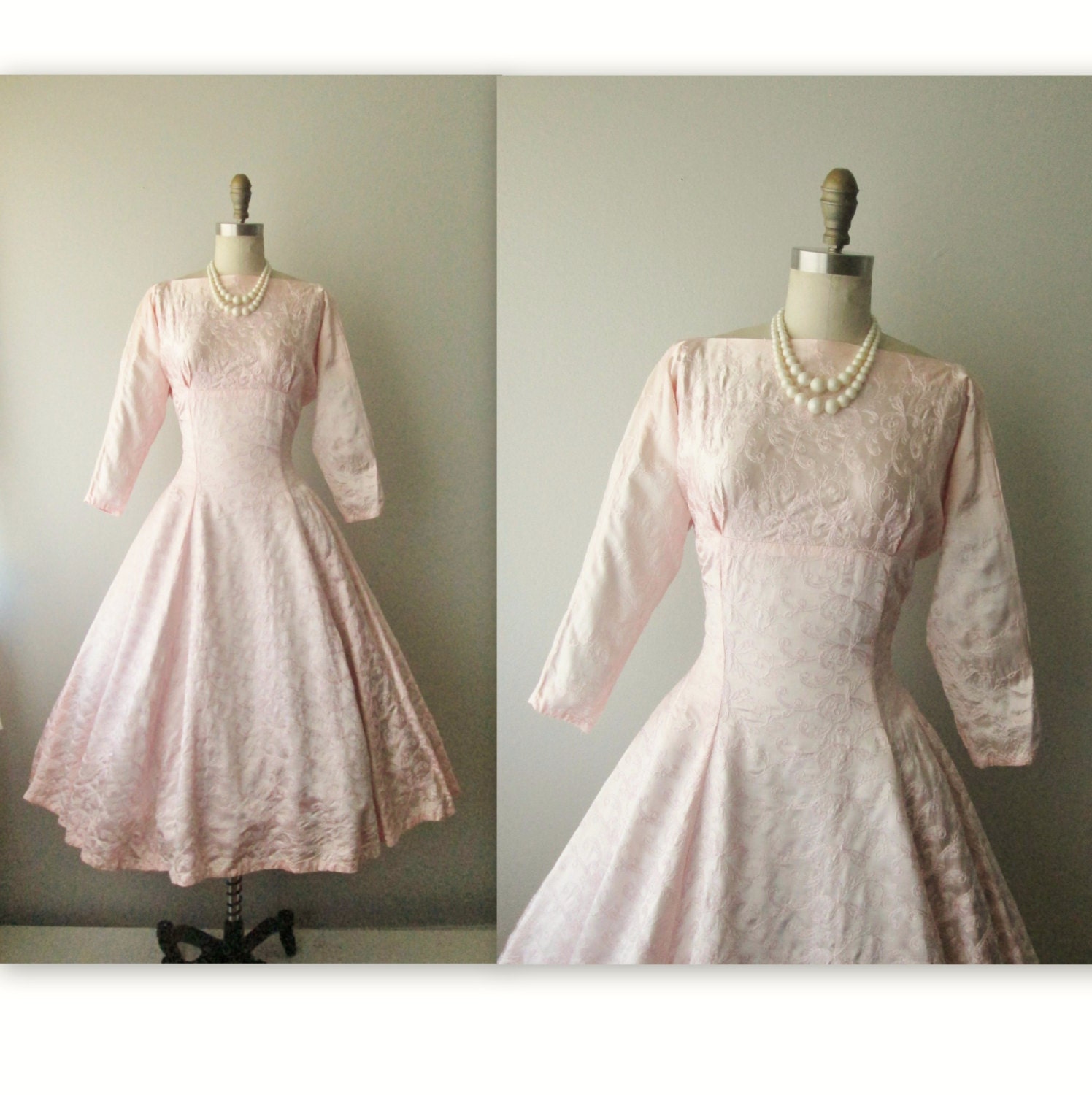50's Dress // Vintage 1950's Embroidered Satin Cocktail Party Wedding Prom Dress S