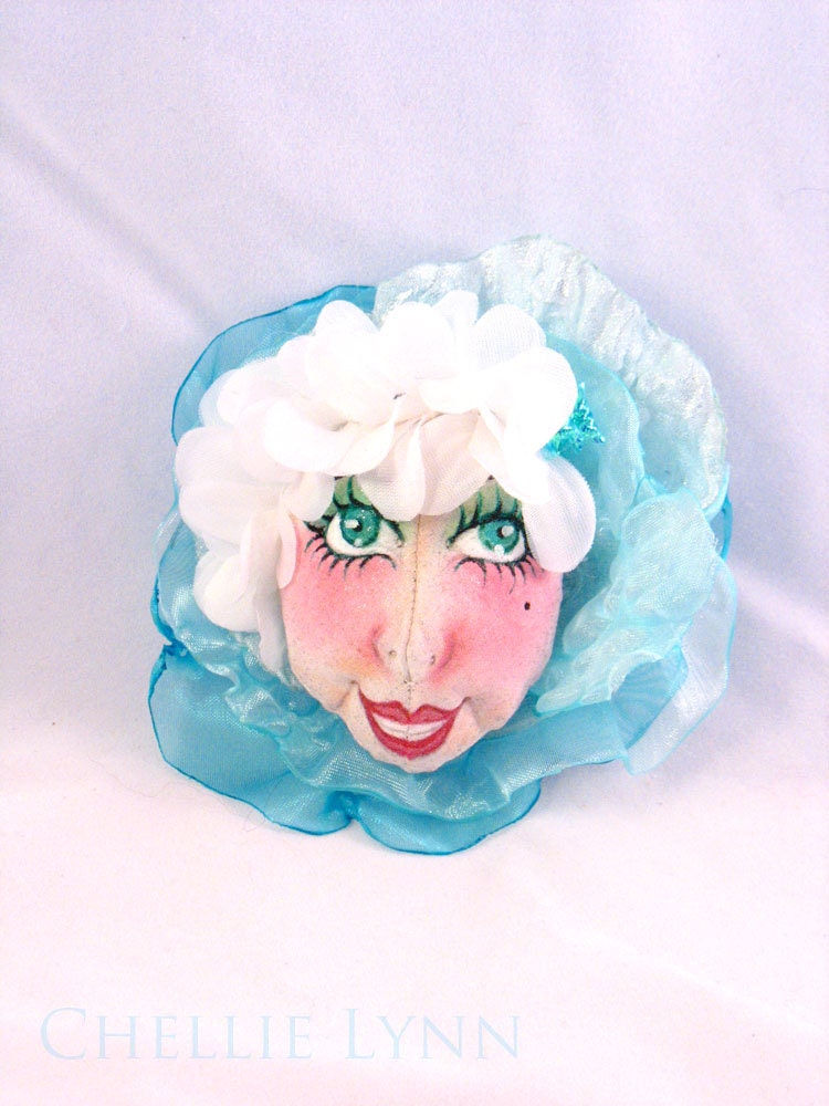 OOAK Art Doll Brooch Pin, Turquoise Floral - Tabitha
