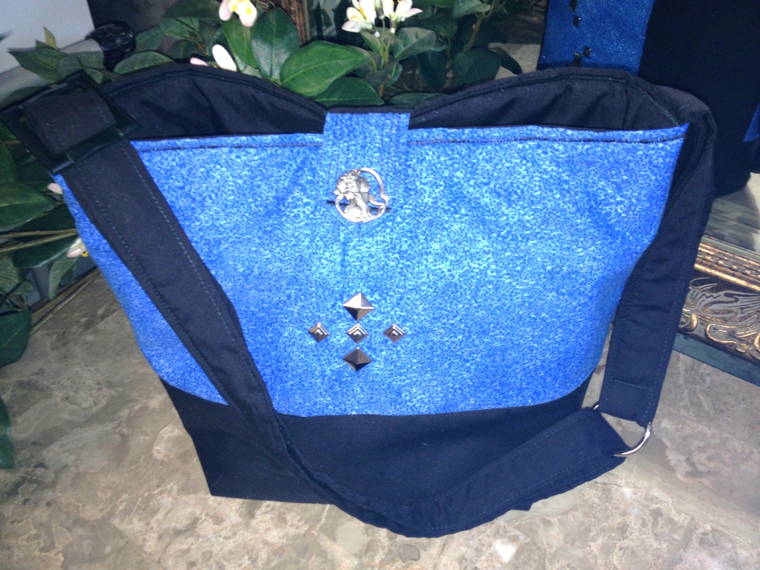 Josie's-Blue Sky w/Studs-Fun-Quilted Sling/Messenger/Shoulder Bag w/ Adjustable Strap, 3 Pockets/Goddess Button