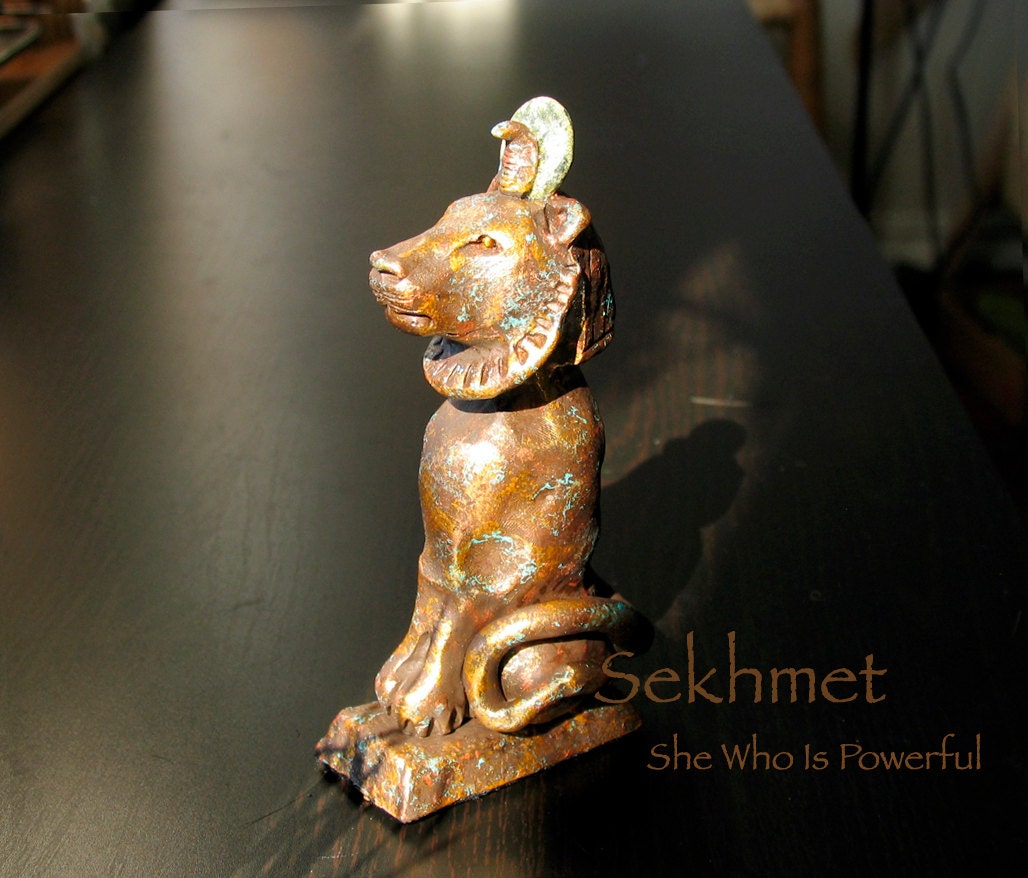 RESERVED - Réservé pour Virginia - Sekhmet - Lioness Goddess - She Who Is Powerful  - Altar Statue with Green Serpentine Disc - Handcrafted