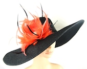 BLACK Derby Hat Wedding Hat Dress Hat Church Hat Kentucky Derby Hat Wide brim hat with orange feathers and rhinestones Tea Hat