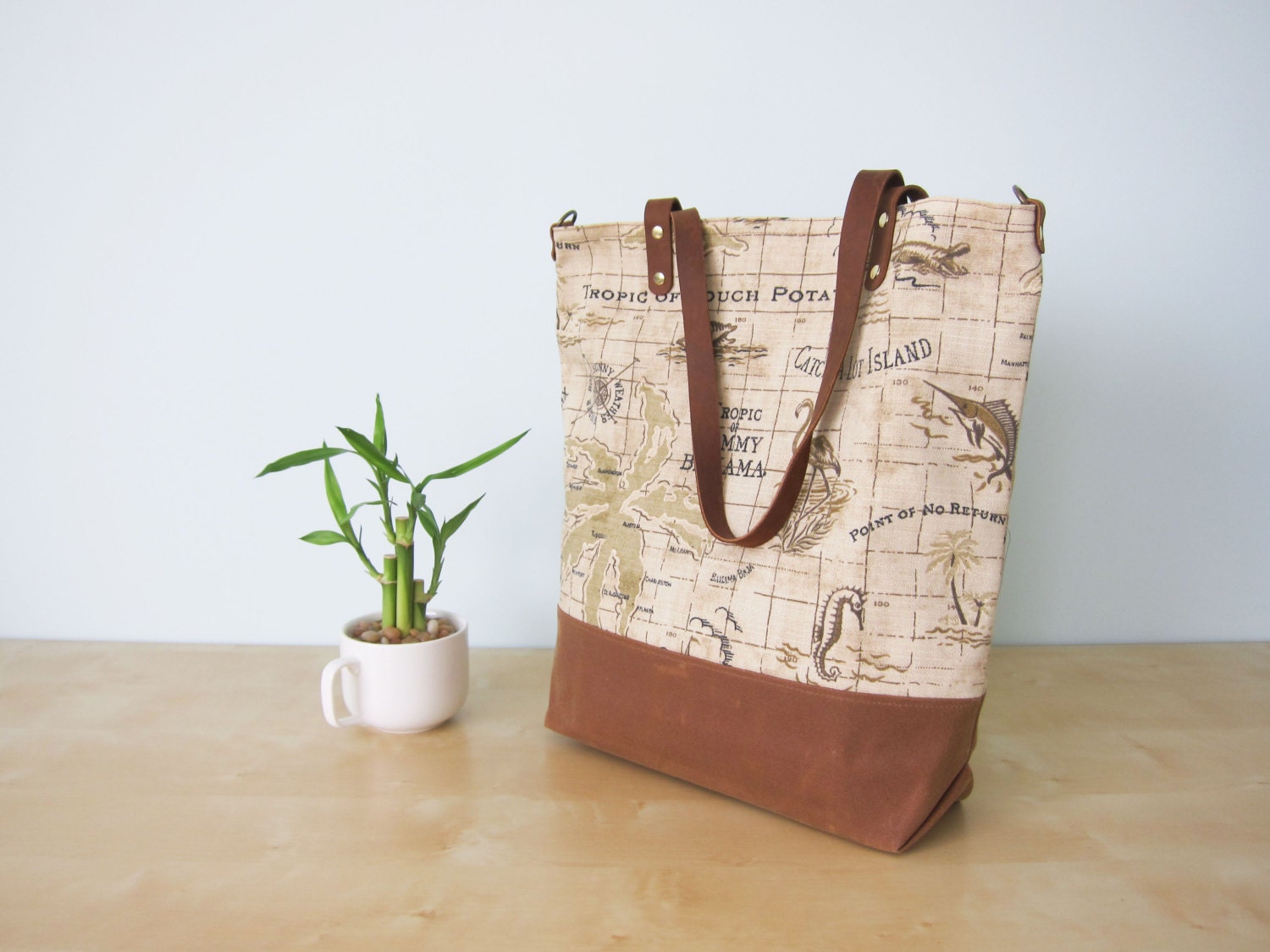 Summer Tote Bag No.1 -- Tommy Bahamas Map Outdoor Canvas with Leather Straps & Waxed Canvas Bottom