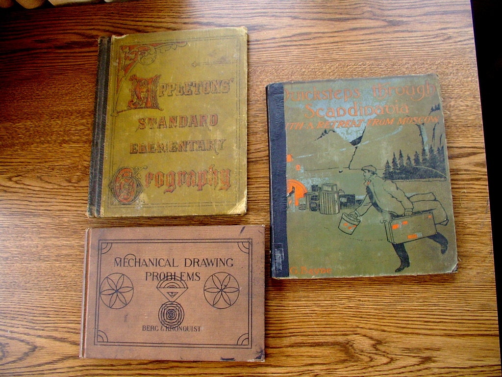 1880 Geography Book 1900s travel through Scandinavia and 1922 Mechanical drawing Mission Style book stack decorators lot