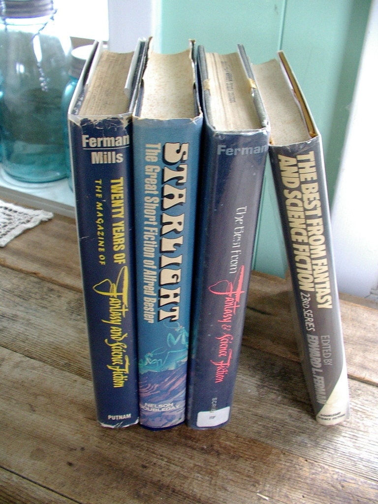 SALE )) another vintage SCIENCE FICTION bookstack lot of 4 vtg Fantasy  hb books Ferman Bester Mills collections