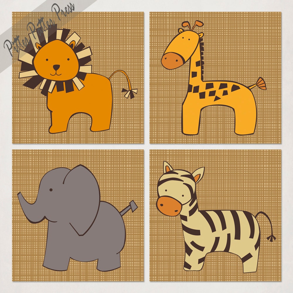 Safari Wall Art Prints, child's animal nursery art illustration set of four, Lion, Giraffe, Elephant, Zebra, Jungle Art in tan brown, 8x8