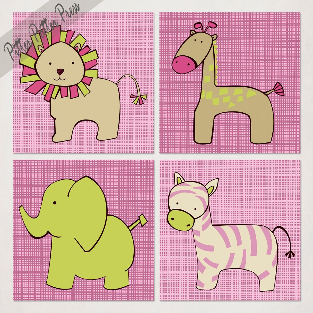 Safari Nursery Art Prints, Lion, Giraffe, Elephant, Zebra, child's anaimal art illustration, Jungle Art set of four, purple pink green, 8x8