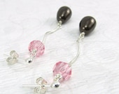 15% OFF Light Rose Pink Crystal Brown Pearl Drop Silver Twist Earrings