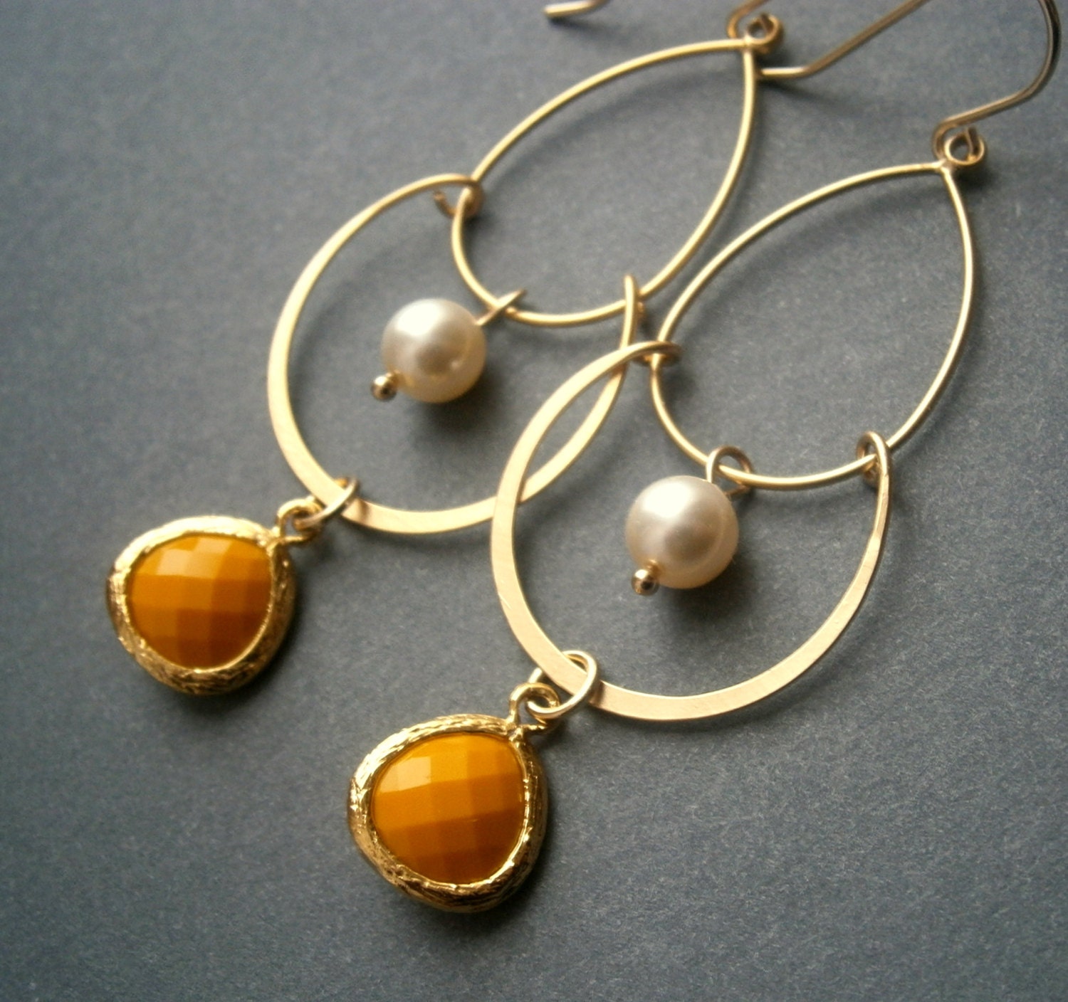Gold Pearl Earrings With Chandelier Gold Links White Pearls And Mustard Glass Pendant