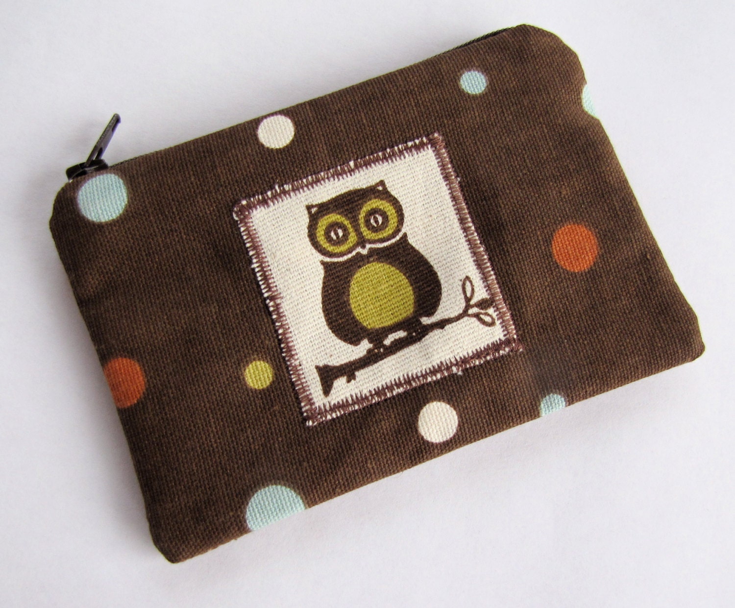 yellow owl on brown with polka dots--zippered change purse, coin pouch, wallet, gift card holder