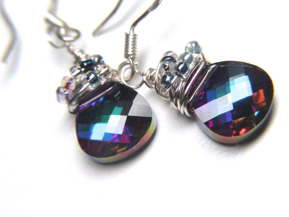 Dazzling Swarovski Medium Vitrail Purple Green Aqua Earrings