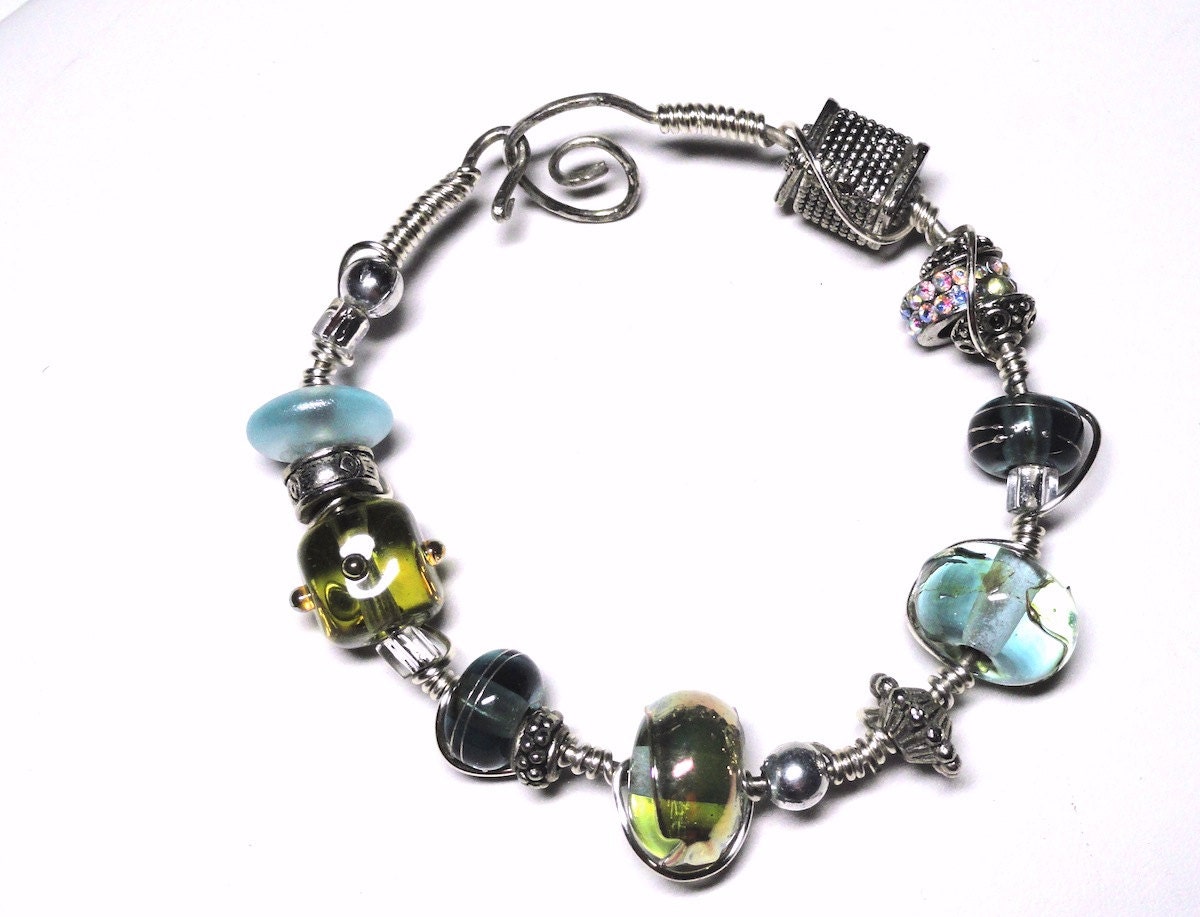 Spring Breeze Aqua Blue Green Lamp Work Wire Wrapped Sterling SIlver Bracelet