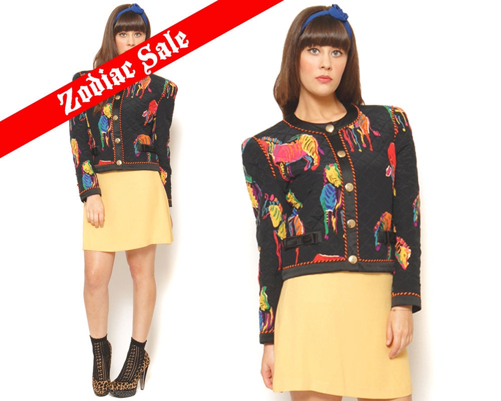 80s Blazer Escada Black Neon Novelty Print Zebra Bright Bold Quilted Silk Crop Jacket / Glam Hipster / Size L Large