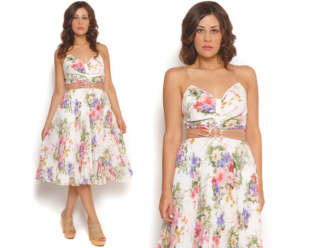 80s Sundress Sheer White Romantic Floral Two Piece Outfit Spaghetti Strap Top 1980s Pleated Midi Skirt Bridesmaid / Size M Medium