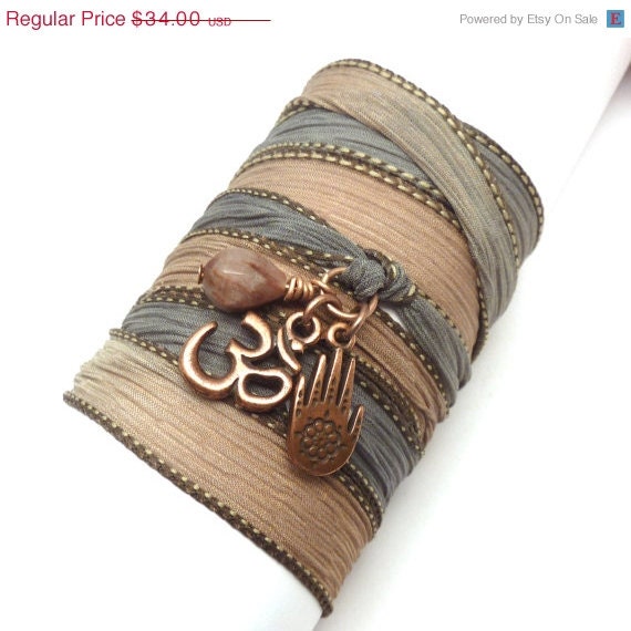 Screen Actors Guild Awards Gift Bag, Silk Ribbon Wrap Bracelet with Copper Om and Hamsa,bohemian jewelry,