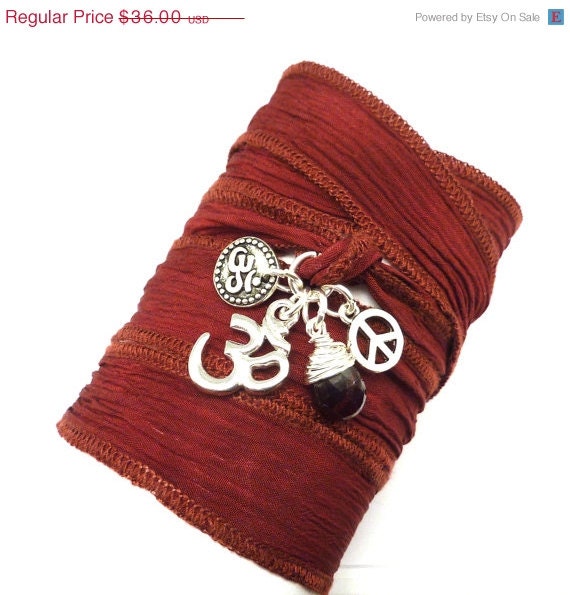 BIRTHDAY SALE Silk Wrap Bracelet with Om Charms, Peace Sign, and Garnet ,bohemian jewelry, yoga jewelry, wrap bracelet, hand painted silk r