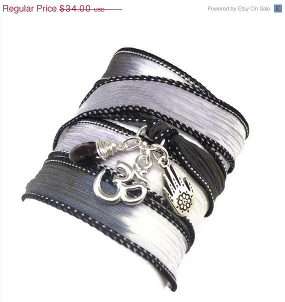 BIRTHDAY SALE Silk Ribbon Wrap Bracelet with Silver Om and Hamsa,yoga jewelry, bohemian jewelry,  wrapping bracelet, wrap around,wrist wrap