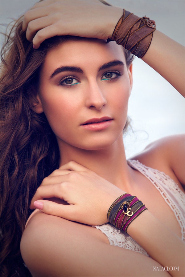 Hand Dyed Silk Wrap Bracelet with Believe Charm and Swarovski Crystals