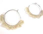 Hoop Earrings Beaded with Soft Eggshell White Dangles