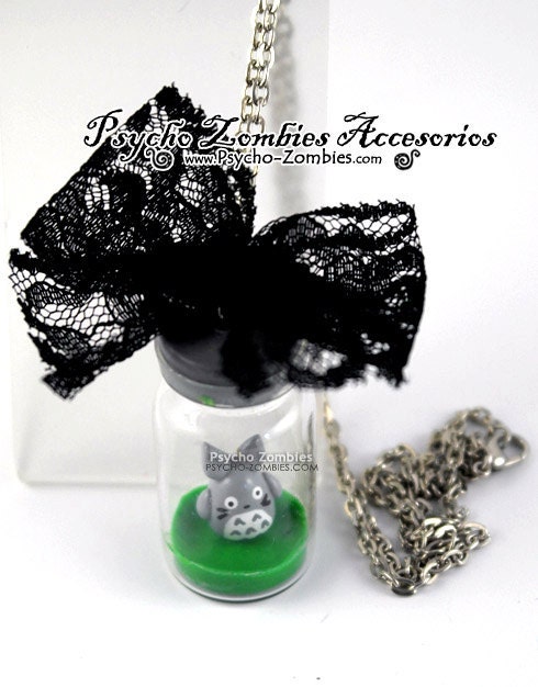 Totoro in a bottle with ribbon miniature necklace