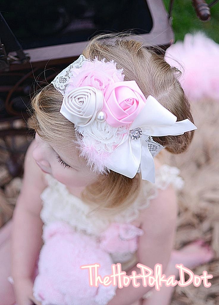 NEW Luxurious Pink and Cream Vintage Glam Headband / Satin Rolled Flowers / Lace Headband Perfect Newborn Photo Prop / Bridal / Flower Girl