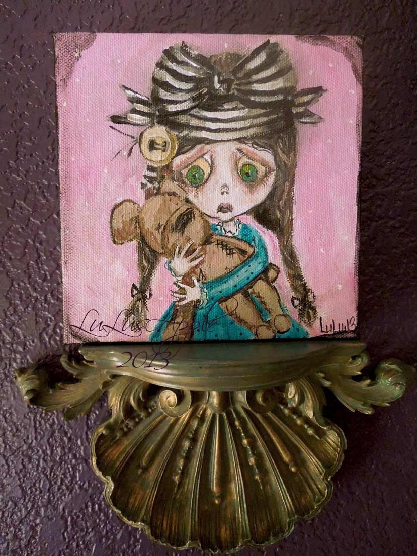 Pop Surreal Acrylic Original painting Creepy Low Brow Bear Hugs canvas OOAK 6x6