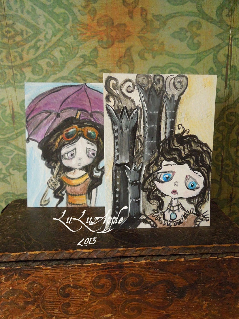 ACEO Original acrylic paintings Steampunk smokestacks umbrella City of Industry Artist Cards Set of 2
