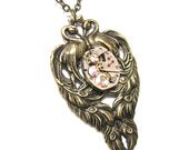 Steampunk Necklace Antiqued Brass Toned Peacock Charm with a Stunning Jeweled Watch Movement By: Mechanique Steampunk