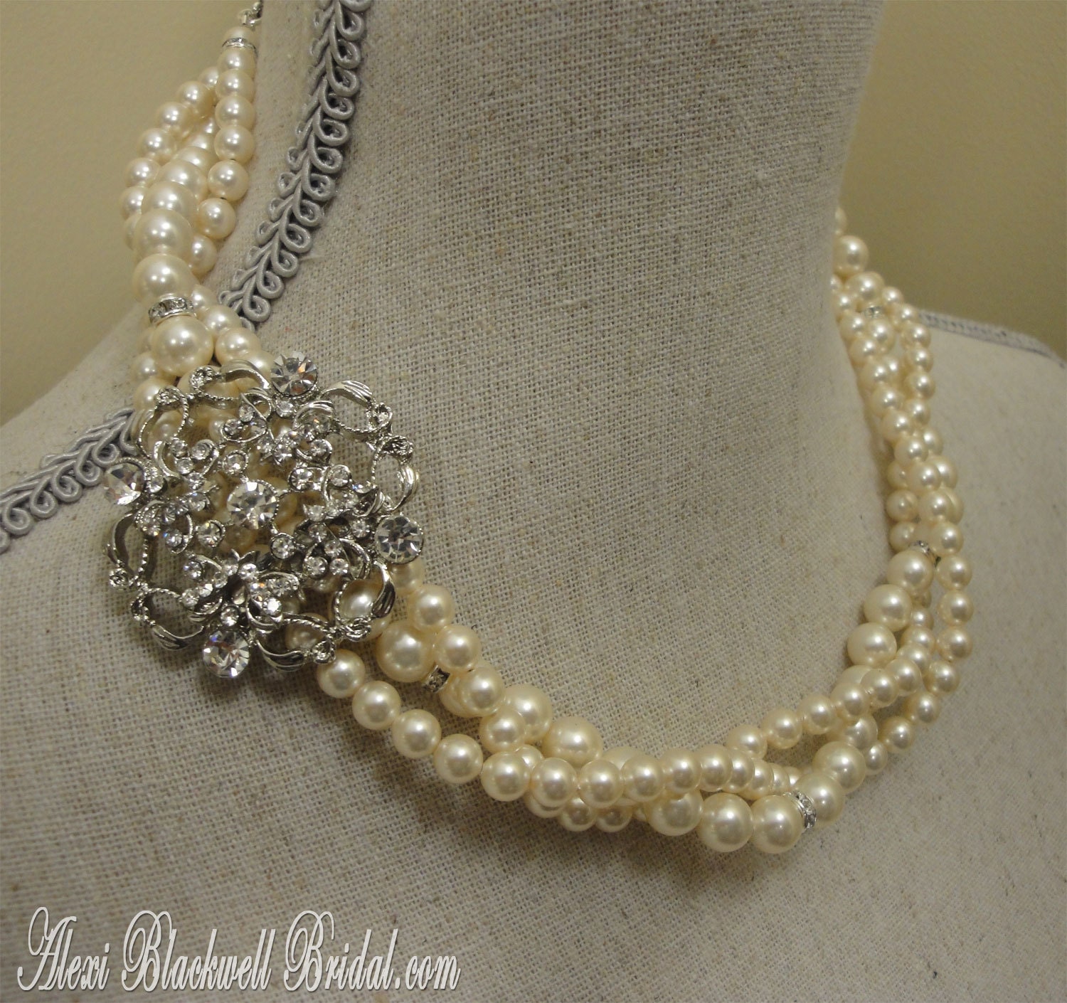 Twisted Bridal Necklace Set in Swarovski Ivory Pearls in 3 strands and Rhinestone Brooch Focal - Bridesmaid or Wedding Jewelry Sets