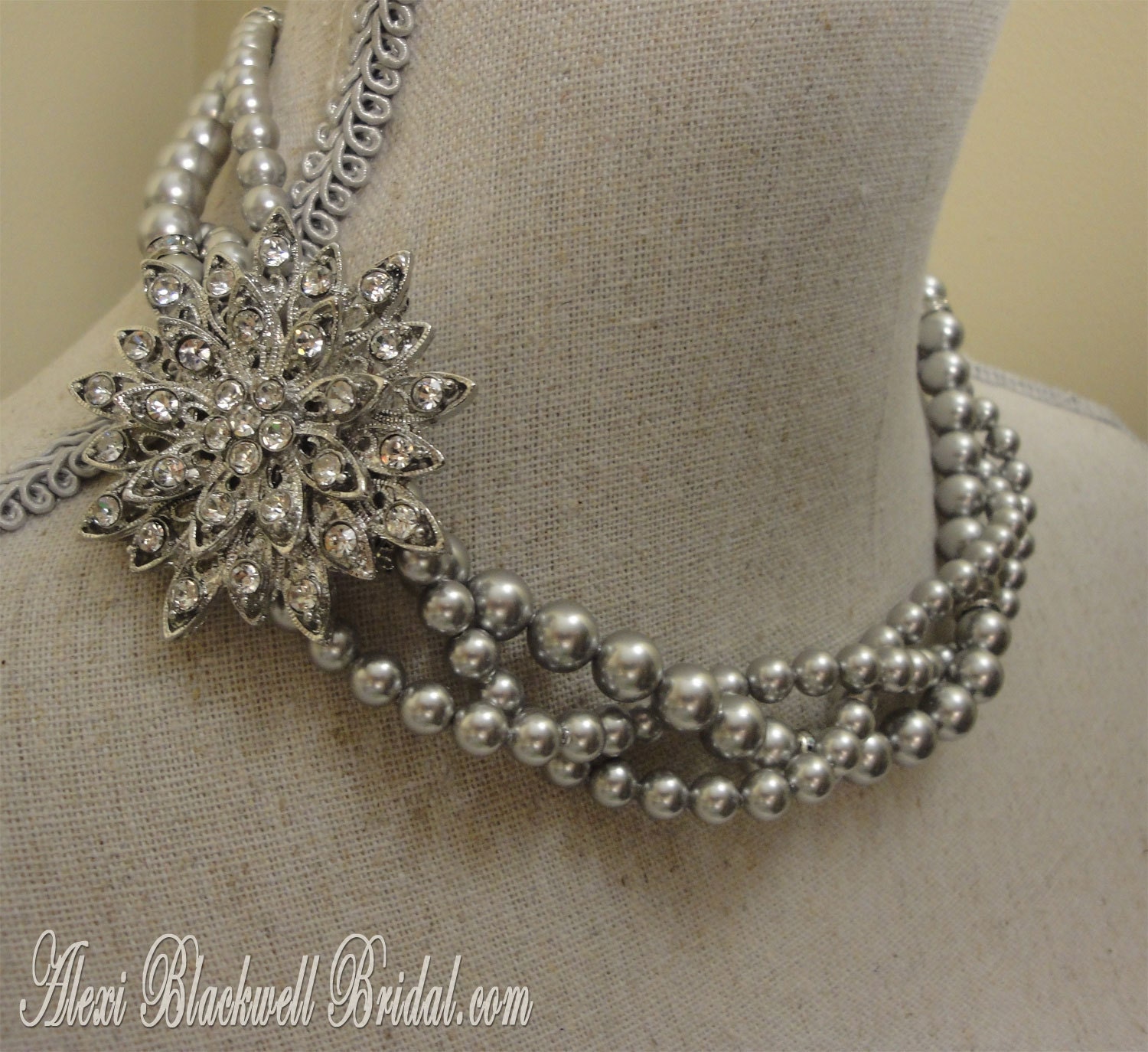 Bridesmaid Necklace Set - Brooch Twisted Swarovski Pearl necklace with 3 multi strands and pretty Brooch Bridal jewelry sets