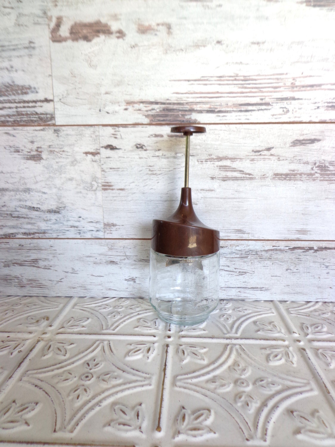 Vintage Gemco Brown Nut Chopper Plastic Lid, Glass Bottom