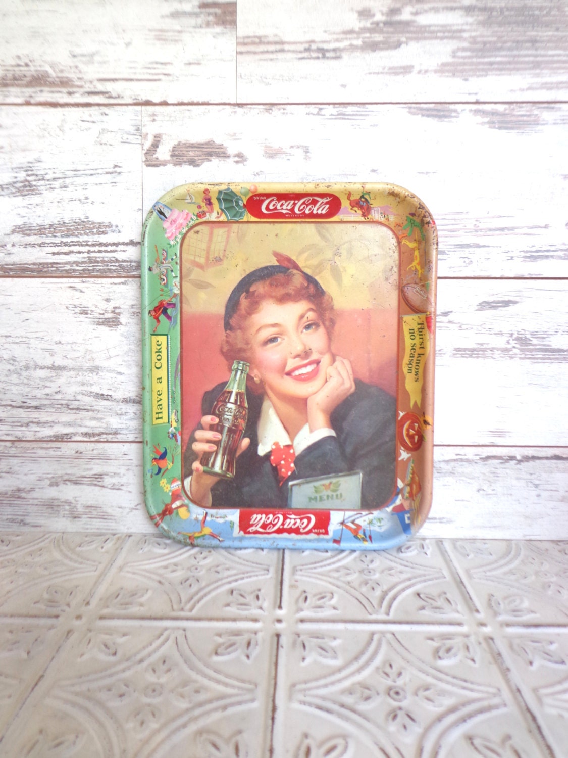 Vintage Coca Cola Tray Thirst Knows No Season Retro Kitchen Decor 13 x 10.5